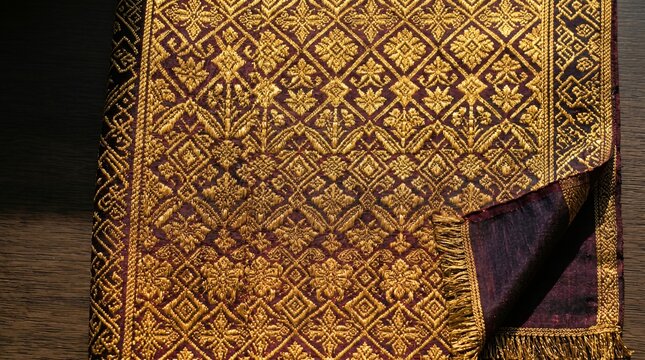 Traditional Indonesian songket woven textile close-up, luxurious gold metallic thread floral pattern on deep maroon silk, Palembang Sumatra heritage fabric with golden fringe