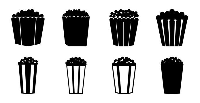 Popcorn buckets and cones set illustration - Simple black and white vector illustration of popcorn containers including buckets and cones, perfect for food or event designs.