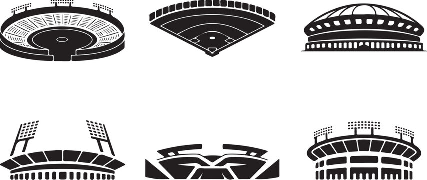 Modern Sports Stadium and Arena Icon Collection with Baseball Diamond Field, Grandstand, and Exterior Architecture Silhouette Illustration