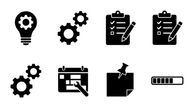 Business Process Icons: Idea, Gears, Checklist, Calendar, Task Management, Progress Bar, Vector Set