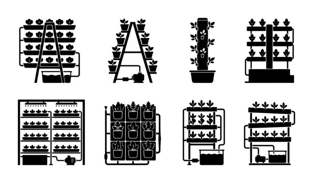 Hydroponic Systems Vector Icons: Vertical Farming, Aeroponics, Aquaponics, Growing Plants, Sustainable Agriculture