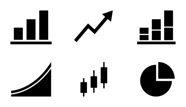 Black Vector Icons: Bar Charts, Line Graph, Candlestick Chart, Pie Chart, Growth Curve for Business Analytics