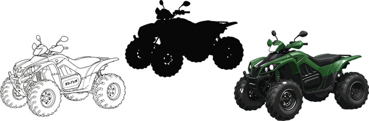 Collection of ATV illustrations including a line drawing silhouette and full-color vehicle perfect for adventure or off-road themes © Zohaib