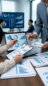 Business meeting with financial charts and data analysis on laptop, tablet, and papers, showcasing corporate strategy and progress