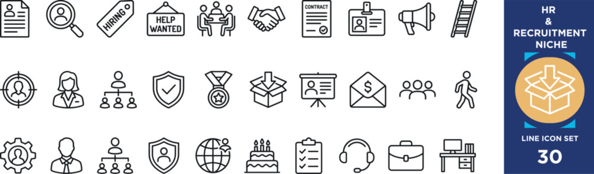 Hr and recruitment line icon set with 30 icons for web and mobile. Modern vector illustration.