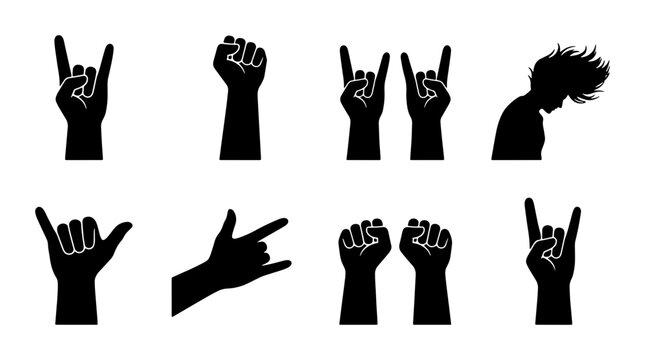 Rock On Hand Gestures, Fist Pump, Heavy Metal Horns, Silhouette Icons, Music Festival Symbols, Party Vibe