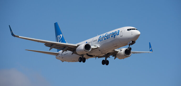 Tenerife, Spain june 10st, 2026. Boeing 737-85P Air Europa Airlines flies in the blue sky. Landing at Tenerife Airport