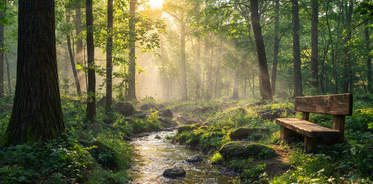 Sunlight streaming through tall trees in a serene forest with a wooden park bench sunlight peaceful sunbeams tranquil landscape outdoors woodland wilderness relaxing environment