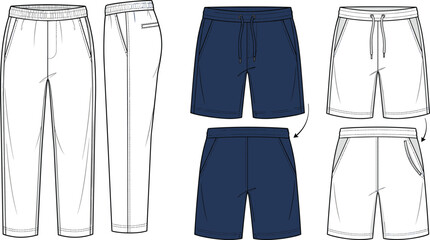 Set of Men Sportswear Apparel Fashion Flat Technical Sketch Templates Featuring Elastic Waistband Pants and Drawstring Fleece Shorts © Smith Rasel