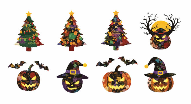 Collage Halloween Christmas Vector Art with Jack O Lanterns and Trees