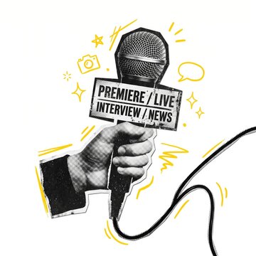 Grungy Hand Holding Vintage Microphone with "PREMIERE / LIVE INTERVIEW / NEWS" Text, Distressed Sketch Art, and Vibrant Yellow Accents for Media, Journalism, and Broadcasting Design.