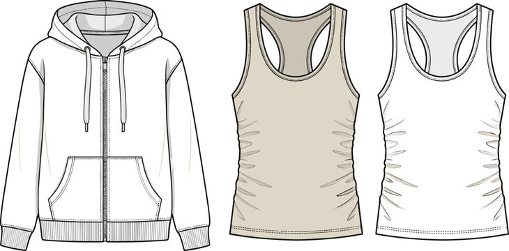 Set of Women Activewear Fashion Flat Technical Sketch Templates Featuring Zip Up Hoodie and Ruched Racerback Tank Tops