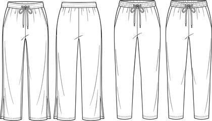 Set of Women Loungear Sweatpants Apparel Fashion Flat Technical Sketch Templates Featuring Drawstring Elastic Waistband and Leg Slits © Md Atiar Rahman