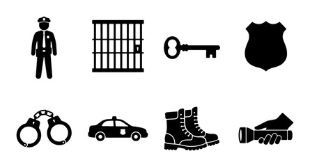 Law Enforcement Icons Set: Police Officer, Jail Cell, Key, Badge, Handcuffs, Car, Boots, Flashlight Vector Graphics © Mahin