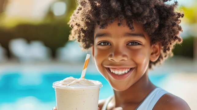 Smiling afro american boy drinking a cold milkshake  at summer near swimpool 