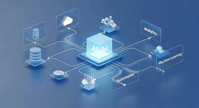 An isometric view of an ai central processing unit connected to various digital representing analytics machine learning and data cloud storage