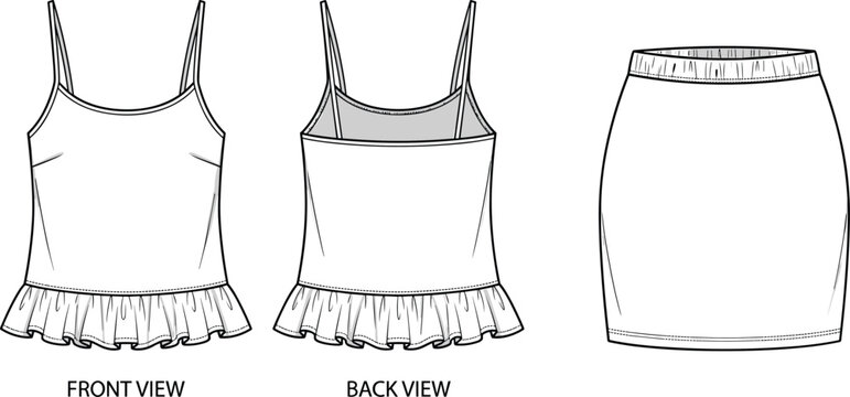 Set of Women Summer Fashion Flat Technical Sketch Templates Featuring Ruffle Hem Cami Top and Casual Mini Skirt