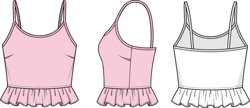 Set of Women Summer Apparel Fashion Flat Technical Sketch Templates Featuring Pink Cami Crop Top with Ruffle Hem