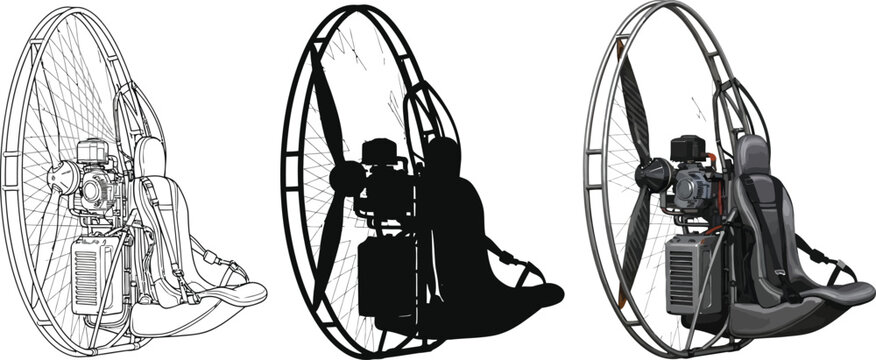 Paramotor illustration set including blueprint silhouette and detailed view perfect for aviation or adventure concepts