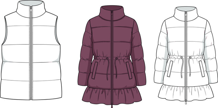 Set of Women Winter Outerwear Fashion Flat Technical Sketch Templates Featuring Puffer Vest and Ruffle Hem Down Jacket