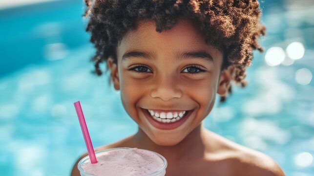 Smiling afro american boy drinking a cold milkshake  at summer near swimpool 