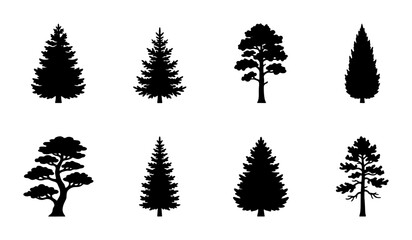 Diverse Evergreen Tree Silhouettes Collection, Coniferous Forest Icons, Pine and Fir Vector Graphics for Nature Design © Sultana