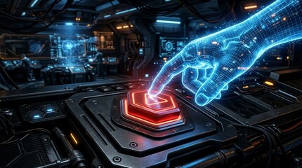 Obraz premium Futuristic glowing holographic hand pressing glowing red button on sci-fi control panel in spaceship bridge