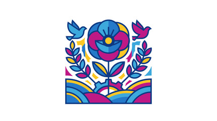 Obraz premium Vibrant Geometric Flower and Birds with Leafy Branches Emblem