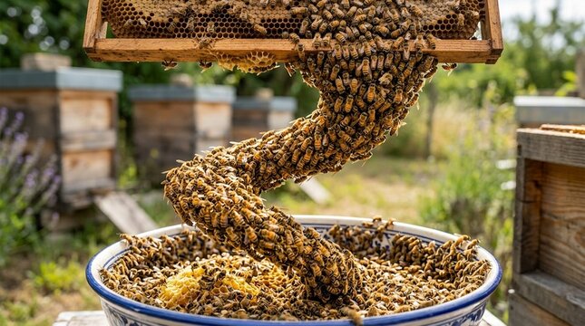 Thousands of bees swarm around a hive frame and overflow a decorative bowl in an apiary