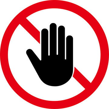 A red circle with a diagonal line over a black hand, symbolizing stop or no entry.
