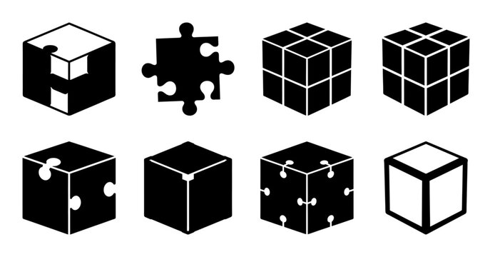 Isometric puzzle and cube shapes collection - A clean set of isometric puzzle pieces and cube shapes in black and white, perfect for design and illustration projects.