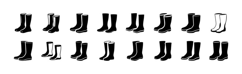 Naklejka premium Flat icons of different shoe styles - Minimalist black and white vector icons showing various shoe types and styles in a clean, flat design.