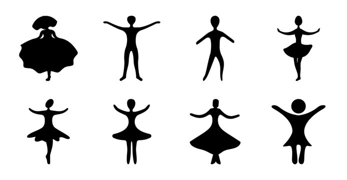 Black silhouettes of people dancing in various styles - Eight stylish black silhouette icons showing different dance poses and movements in a clean, minimalist design.