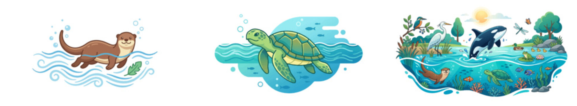 Cartoon otter swimming with sea turtle and ocean wildlife illustration