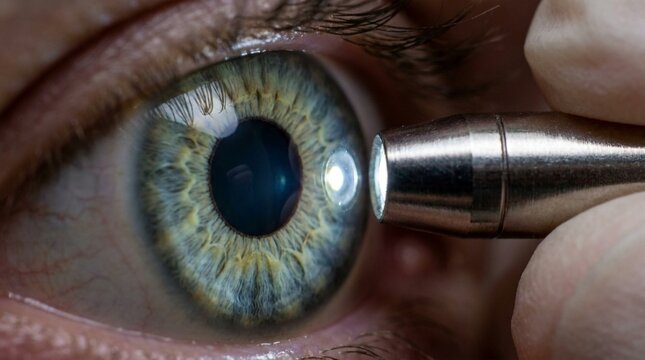 Ophthalmologist examines patient's blue-green eye with penlight, checking pupil and iris details