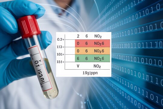 Syringe with chemical test results on digital background