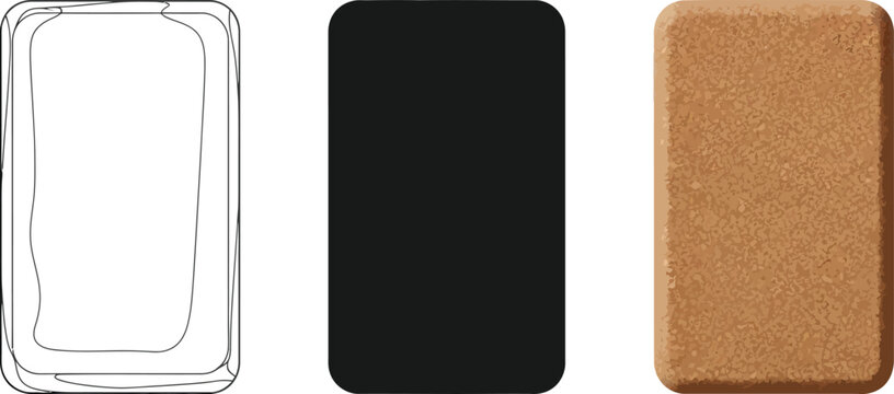 Three rectangular objects a sketch outline a solid black block and a textured cork surface isolated on white background