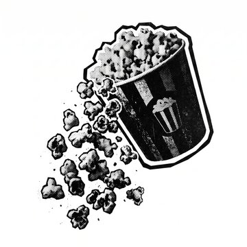 Dynamic monochrome graphic of delicious popcorn spilling abundantly from a classic striped cinema bucket, ideal for entertainment, snack food advertising, and movie night promotions.