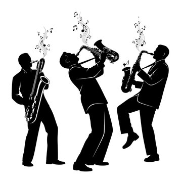 Black Silhouette Jazz Musicians Playing Saxophone and Trumpet on White Background