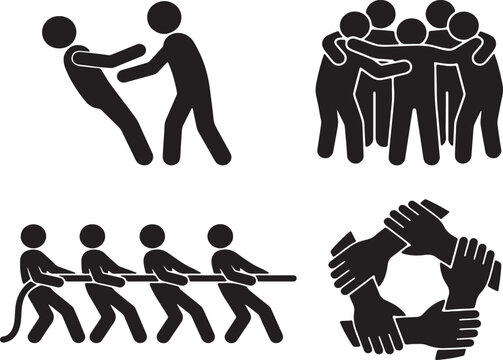 Generative AI illustration of team building and trust exercises silhouette icon set including trust fall huddle group hug tug of war and stacked hands isolated on a white background.