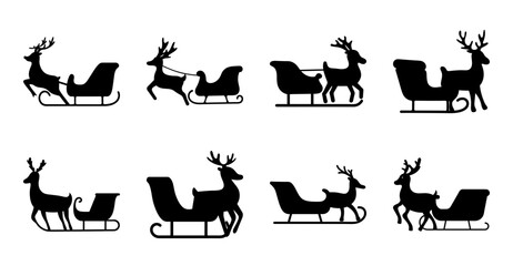 Black reindeer pulling sleighs in winter scene - Set of black reindeer icons pulling classic sleighs, ready for holiday illustrations or Christmas-themed designs. © Tanjila