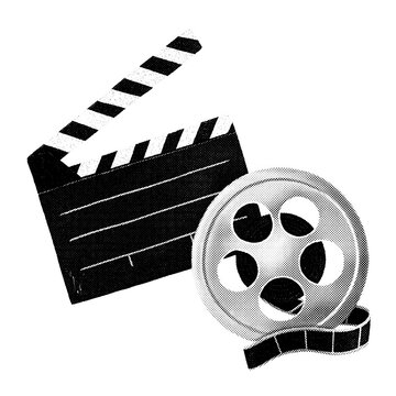Classic Black and White Film Clapperboard and Vintage Movie Reel Illustration, Symbolizing Cinema Production, Video Editing, and the Entertainment Industry, Perfect for Media Projects