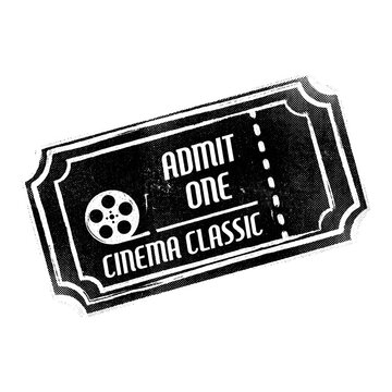 Vintage Black and White Admit One Cinema Classic Ticket Illustration, Retro Movie Pass for Film Festival Entry, Nostalgic Entertainment Event Design Element, Isolated Grunge Style
