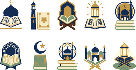 Islamic Holy Quran and Education Vector Icon Set Featuring Mosque Domes, Lanterns, Rehal Book Stands, and Crescent Moon Elements for Ramadan Design © Md 