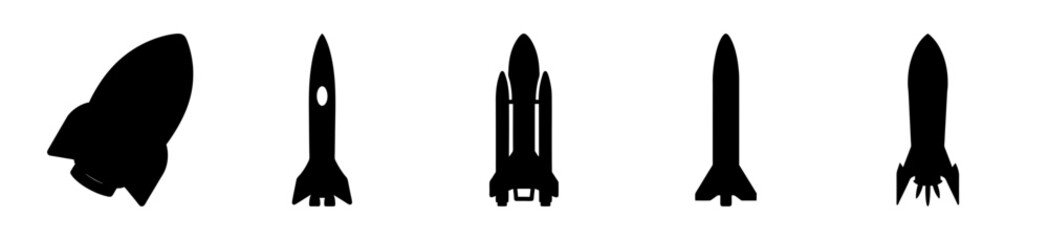 Five stylized rocket ship icons in black - Minimalist black vector icons of five different rocket ships, each with unique designs, ideal for space, technology, or travel projects. © Tanjila