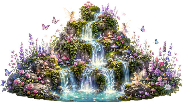 Beautiful fantasy enchanted forest waterfall cascading over rocks with magical glowing purple flowers