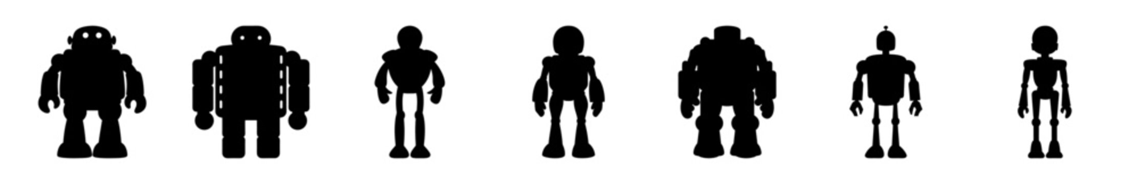 Line art robot characters walking in sequence - Minimalist black and white line art robots arranged in a walking motion sequence, ideal for tech, animation, or UI design projects.