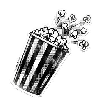 Dynamic Halftone popcorn bucket illustration bursting with kernels a distressed vintage comic book style. Perfect for energetic movie night, snack advertisements, or retro entertainment graphics