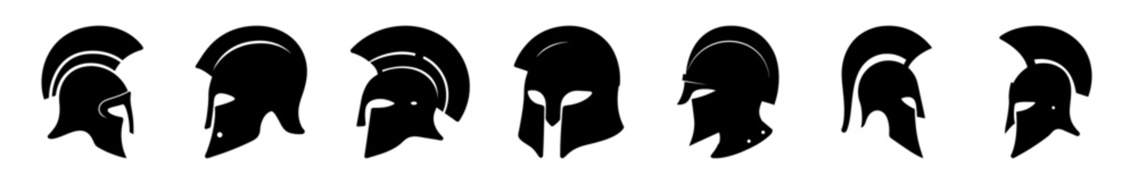 Ancient greek warrior helmets line art illustration - Six stylized ancient Greek warrior helmets in black line art, arranged horizontally for illustration use.