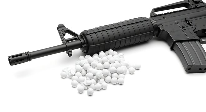Black Airsoft Rifle Lying Beside White Pellets on Clean White Background